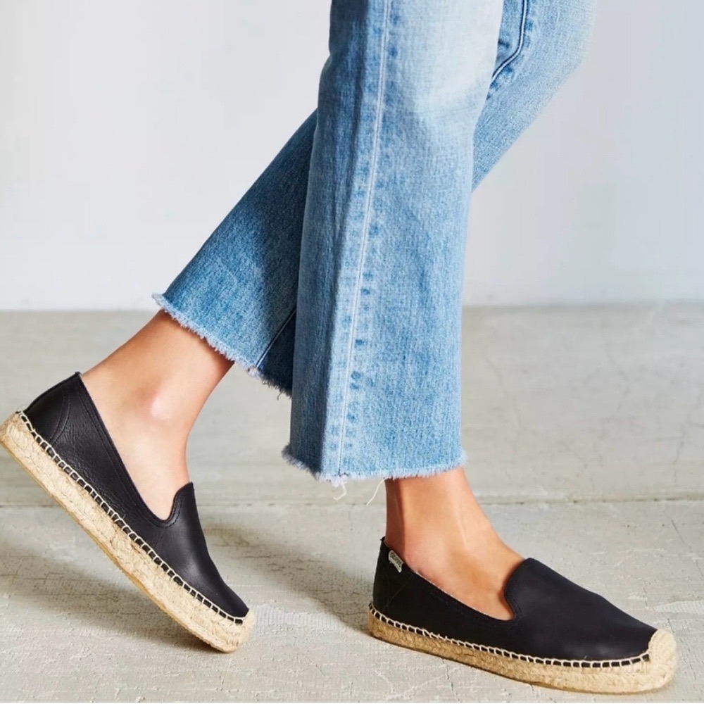 Soludos Black Leather Platform Espadrille Slip On Shoes Boho Summer Women's 5.5